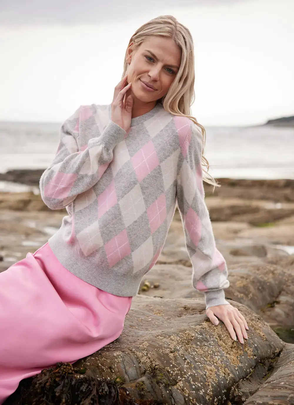 Cashmere Wool Argyle Crew Neck Sweater